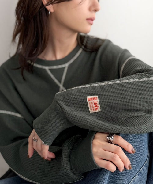 JaVaジャバ 別注》シンプルなのに格上げ。2way配色ワッフルロンTee