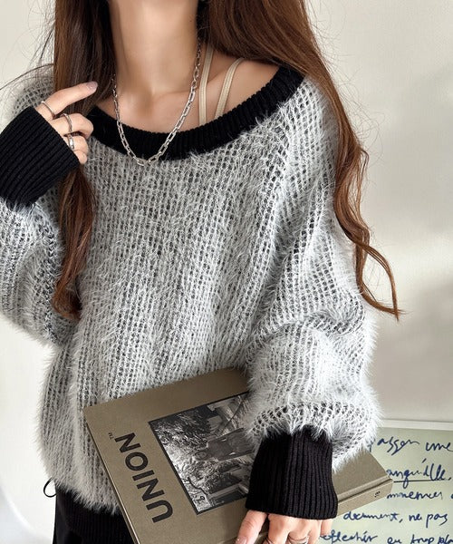 甘すぎないフェミニン感。サイドリボン使いフェザーヤーンシャギー配色