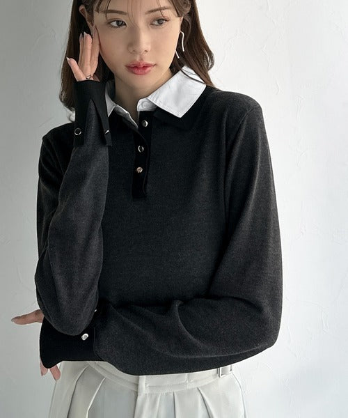 mily bilet】重ね着風で上品見え◎レイヤード風シャツダブル襟使い 