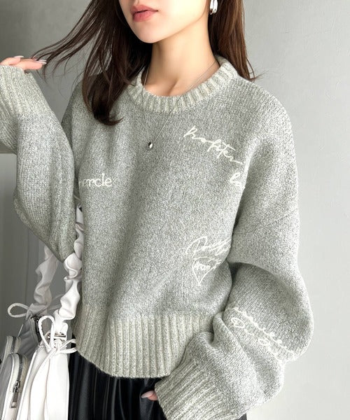 mily bilet】大人の個性派ニット。ランダム刺繍クロップドニットプル