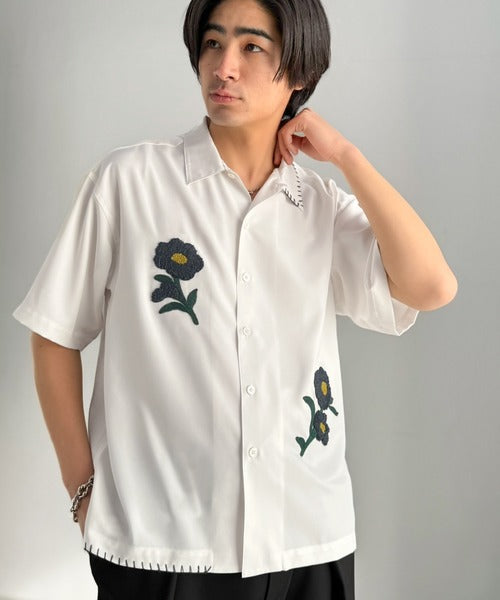 接触冷感機能付き】サガラ刺繍フラワーステッチシャツ／Cool-Touch