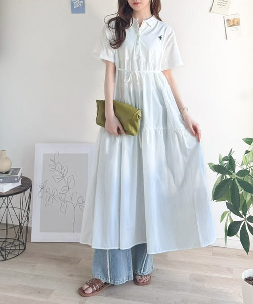 異素材ミックスが目を惹く。胸刺繍ポロ衿布帛切り替えカットティアード