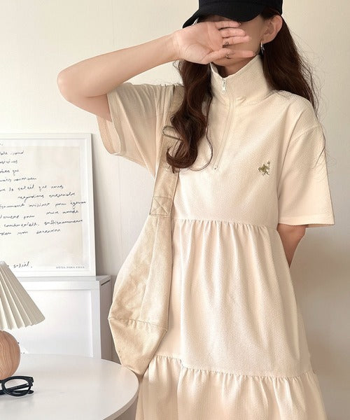 トレンドのティアード♪胸刺繍サッカーハーフZIPワンピース（ロング