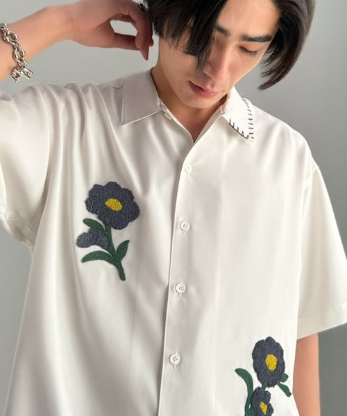 接触冷感機能付き】サガラ刺繍フラワーステッチシャツ／Cool-Touch