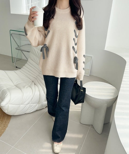 ELLLE 完売　　ミックスリボンニット【WHITE】 clear≪新作≫胸空きリボンニットトップス[CL9576] | レディース