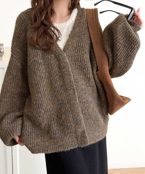 大人上品なニュアンスを演出◎比翼Vネックミックスニットカーディガン