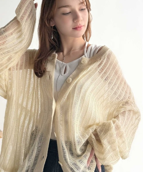 ハンドメイド　カーディガン ふんわり×ゆるっと。前後2way針抜きリブ編みカーディガン（長袖