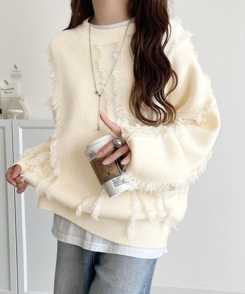 ゆるっとこなれ感◎男女兼用可♪フリンジ配色オーバーニット（長袖