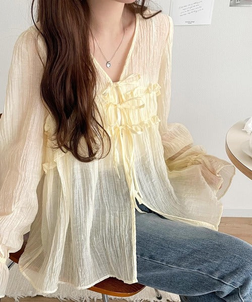 mily bilet】軽やかガーリー。リボン使いシアー楊柳フリルカーディガン