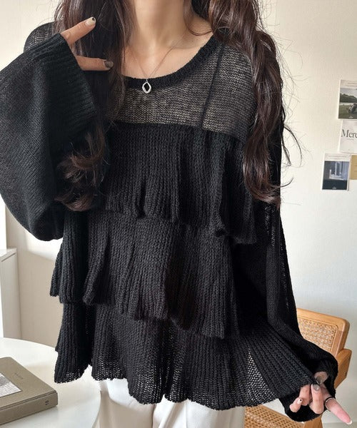 ふんわり大人フェミニン♪ティアードフリルモヘアタッチメッシュ編み