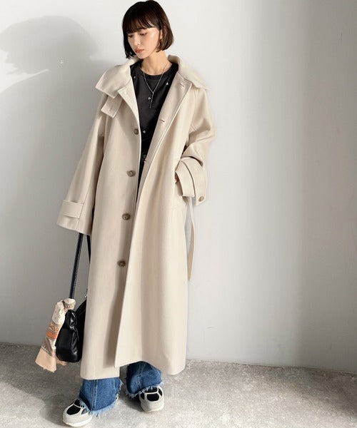 未使用品 休日と詩 新しい比翼のコート ステンカラーコート 中綿ブラウン ロング 360度上品魅せ。衿2way比翼スタンドウール調ステンカラーコート