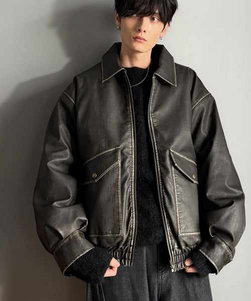 オールレザー スタジアムジャンパー エンボス加工 エイジング キルティング L オールレザー スタジアムジャンパー エンボス加工 エイジング