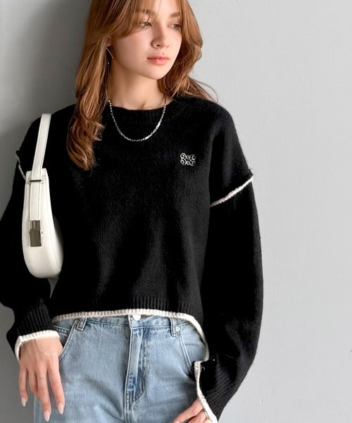 【美品】ELLIE 万能ショートポケットニット　ブラック mily bilet】シンプルながらも個性が引き立つ。アウトリンキング胸刺繍