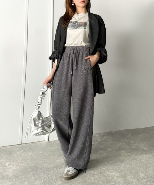 JaVaジャバコラボ》裾ドロストロゴ刺繍ミックス調フリースパンツ