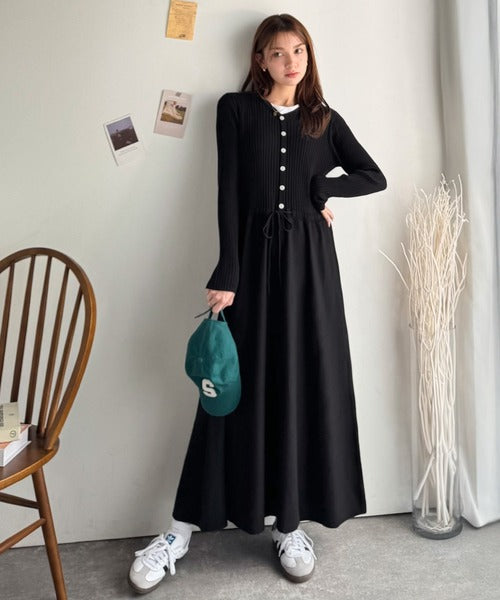 一枚で上品なラク可愛いが完成!ウエストリボンニットワンピース 一枚で上品なラク可愛いが完成!ウエストリボンニットワンピース
