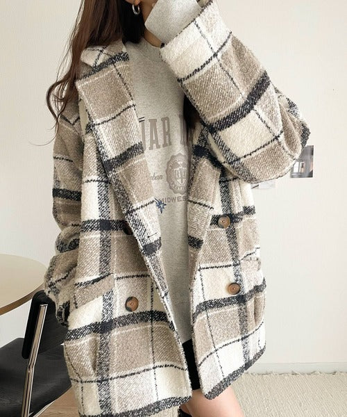 mily bilet】冬のコーデを引き立てる。起毛ブークレチェック柄コクーン