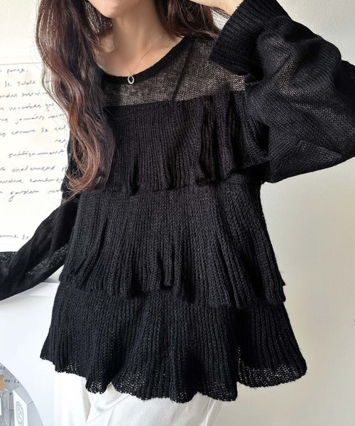 ふんわり大人フェミニン♪ティアードフリルモヘアタッチメッシュ編み