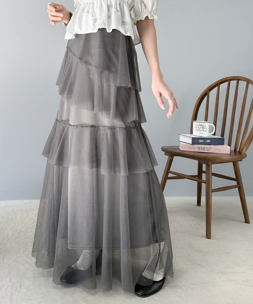 mily bilet】1枚で華やぐ。アシメトリーフリルチュールスカート