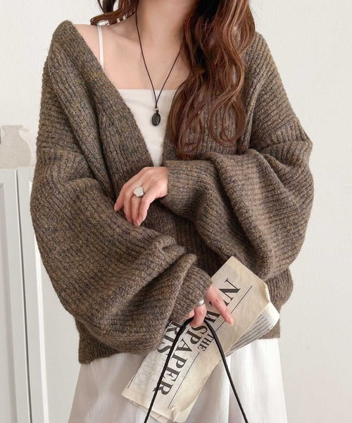 大人上品なニュアンスを演出◎比翼Vネックミックスニットカーディガン