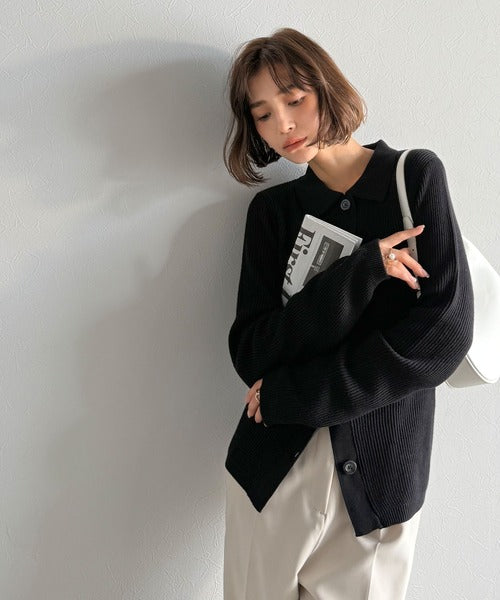秋の感度100％。襟付きデザインリブ編みポロニットカーデ（長袖