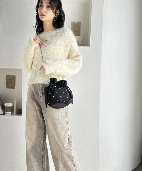 mily bilet】大人かわいく。リボン使いパールベロアサテン巾着