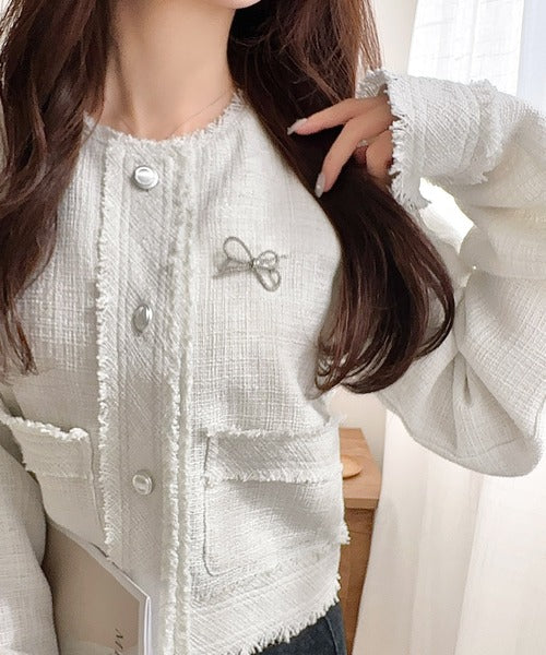 きらめく魔法に甘さを添えて♪リボンブローチ使い長袖ラメ入りツイード