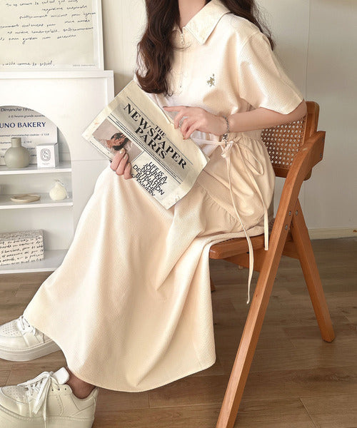 トレンドのティアード♪胸刺繍サッカーハーフZIPワンピース（ロング