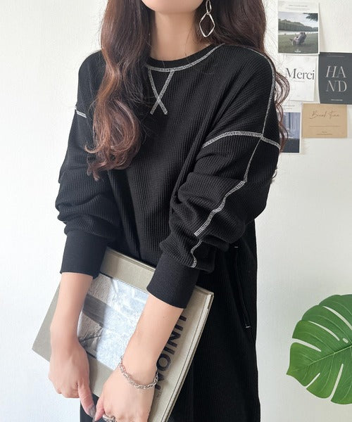 ジップアップロングワンピース by ジュエルトラッシュ　ハルタ様 JaVaジャバコラボ》後姿が可愛い◎配色ステッチワッフルロング