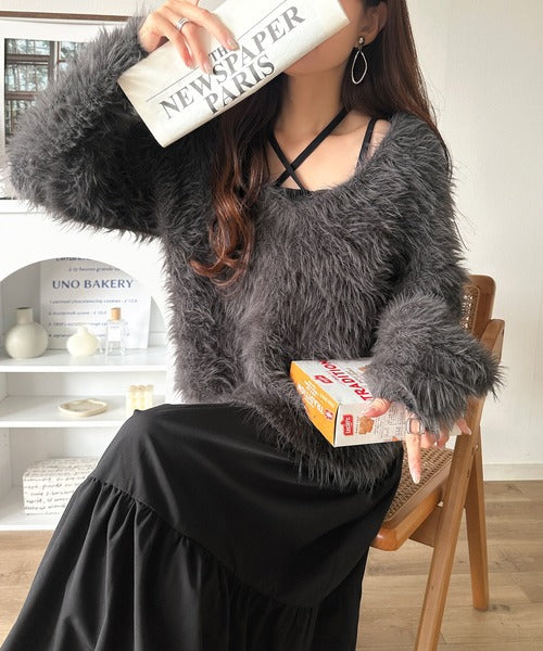 二度見の華やかさ。シャギーニット×ティアードキャミワンピースセット