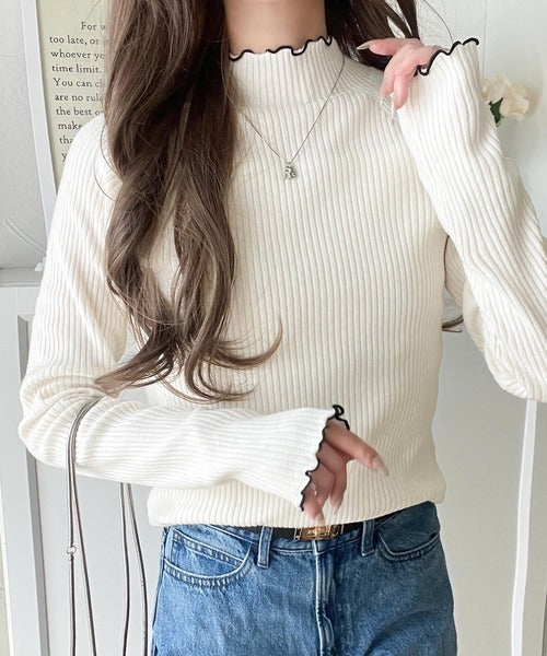 華奢見え叶える程よいフィット感。配色メロウリブニットトップス（長袖