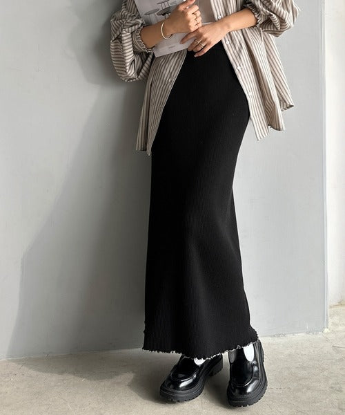 まとめて20％OFF！12日20時〜19日10時 切替リブニットスカート レディース ロング 配色 送料無料・メール便不可 秋新作 スタイルアップが叶うIラインシルエットが美しい。裾メロウ配色