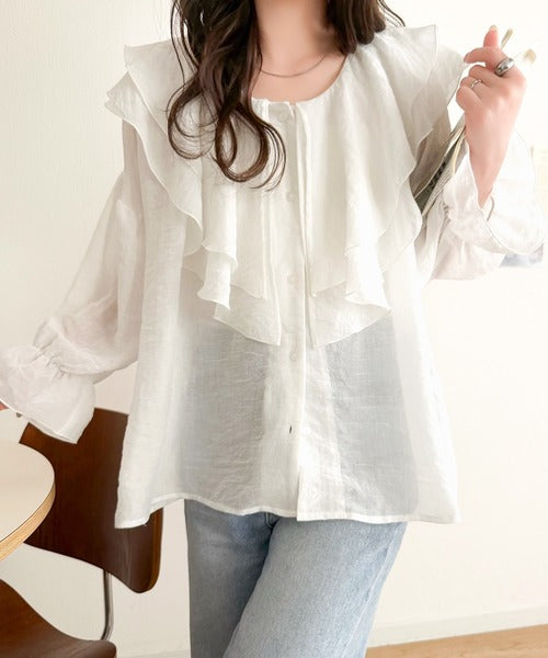 大人なシアー魅せ。前後2wayラッフルフリルビッグカラーシアー素材