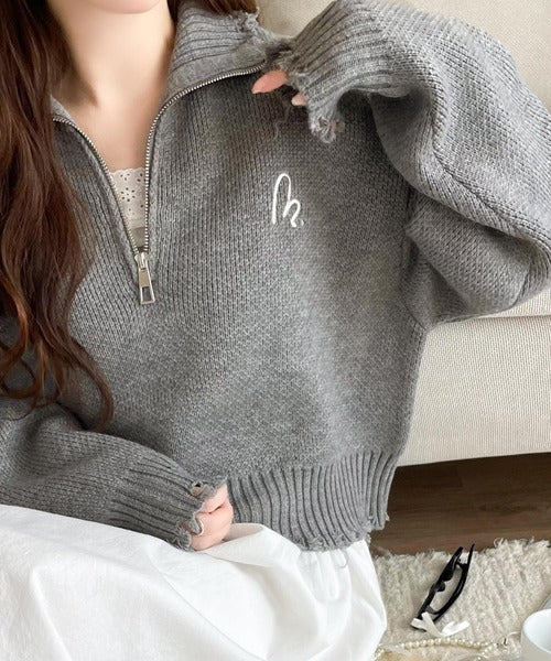 mily bilet】大人可愛いクラッシュトップス。ダメージハーフジップ胸