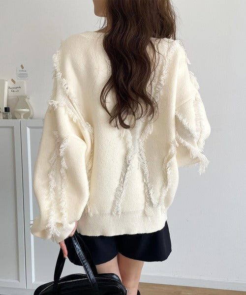 ゆるっとこなれ感◎男女兼用可♪フリンジ配色オーバーニット（長袖