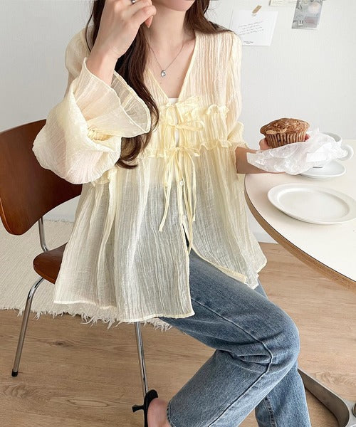 mily bilet】軽やかガーリー。リボン使いシアー楊柳フリルカーディガン