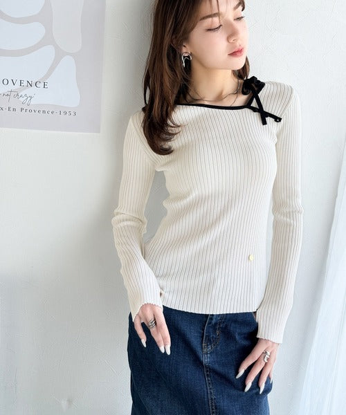 mily bilet】春夏の新定番！くるみボタンアシンメトリーネックボーダー