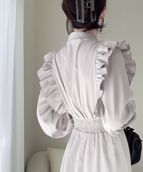 mily bilet】大人フェミニン。レトロ花柄ピンタックフリルワンピース