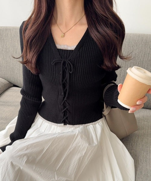 定価約13万円 一瞬で売り切れた MYLAN カシミヤ混ニットドレス リボン付 mily bilet】レースアップで魅せる、大人フェミニン。袖レース使い