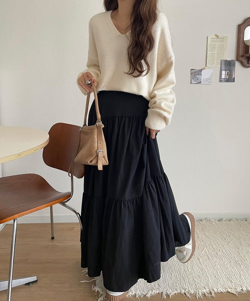 ふわっと軽やか◎メランジ調Vネックニットプルオーバー（長袖