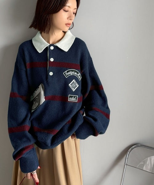 JaVaジャバコラボ》ワッペンデザインラガーポロニット（長袖