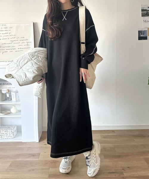 JaVaジャバコラボ》後姿が可愛い◎配色ステッチワッフルロング