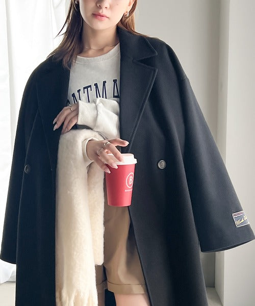 さっと、羽織るだけで高級感。フェイクウールダブルテーラードロング丈