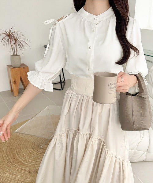 mily bilet】大人の上品な肌見せ。前後2way肩開きリボン使い