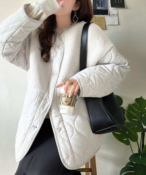 JaVaジャバコラボ》軽くて暖かい、旬顔ボア切替♪ノーカラーひょうたん