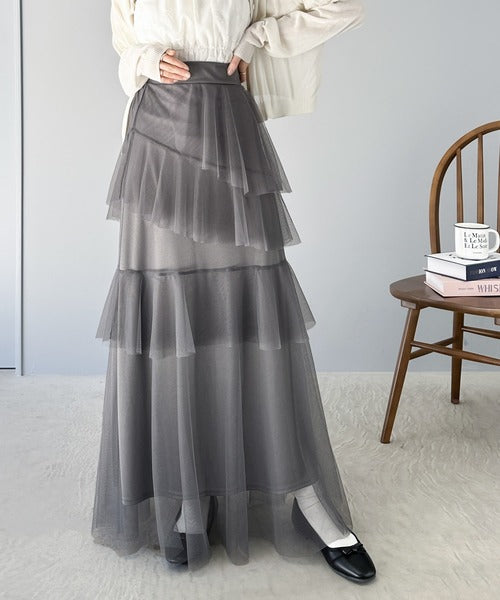 mily bilet】1枚で華やぐ。アシメトリーフリルチュールスカート