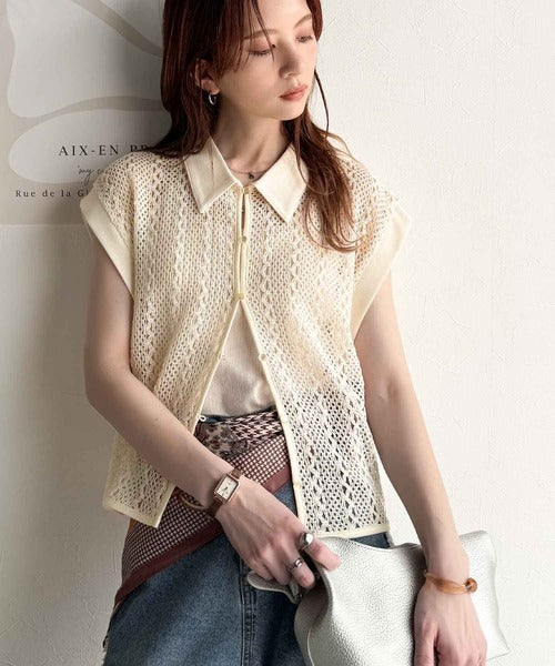 品の良さ漂う、大人カジュアル。クロシェ風レース素材衿付きフレンチ