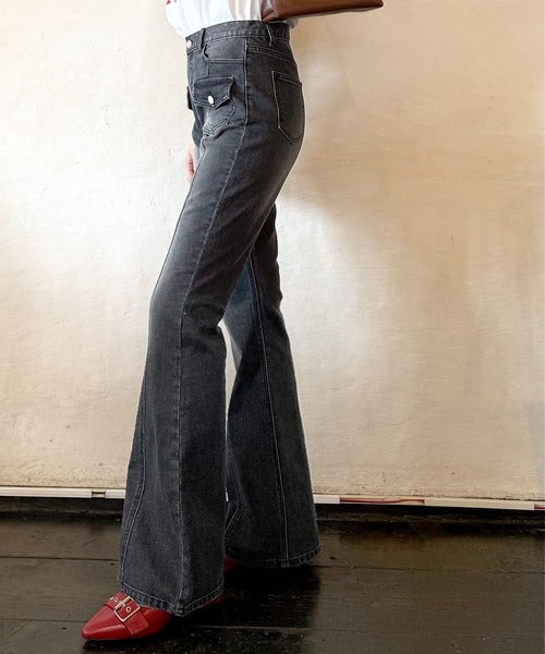 mily bilet】脚、盛れすぎ注意！ポケットデザインストレッチフレア