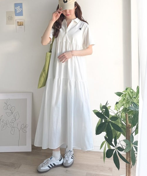 異素材ミックスが目を惹く。胸刺繍ポロ衿布帛切り替えカットティアード
