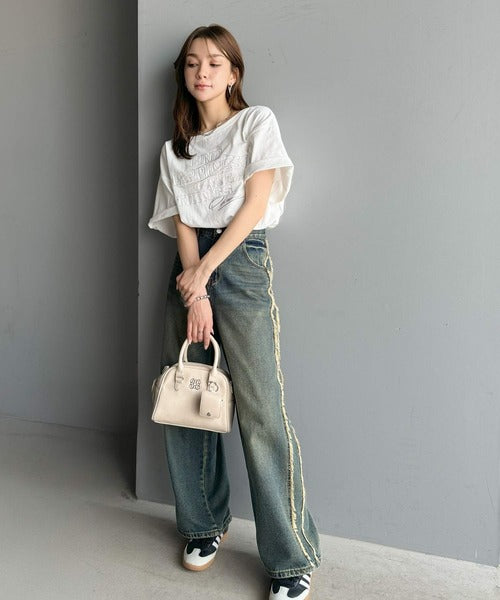 綿100%メンズライクヴィンテージウォッシュ☆前後2way刺繍ワイドネック