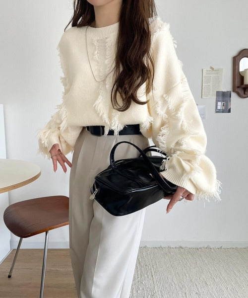 ゆるっとこなれ感◎男女兼用可♪フリンジ配色オーバーニット（長袖